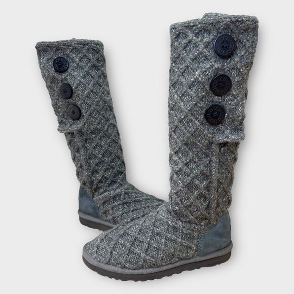 UGG Knit Boots Womens 9 Cardy Tall Sock Sweater Gray Lattice Australia Wool - Picture 1 of 12